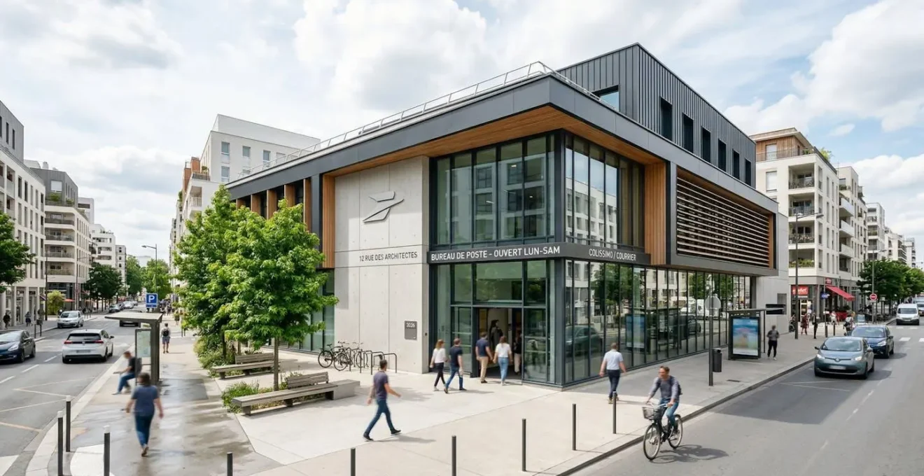 Façade d'un bureau de poste français contemporain avec guichet automatique, architecture moderne et vitrage lumineux