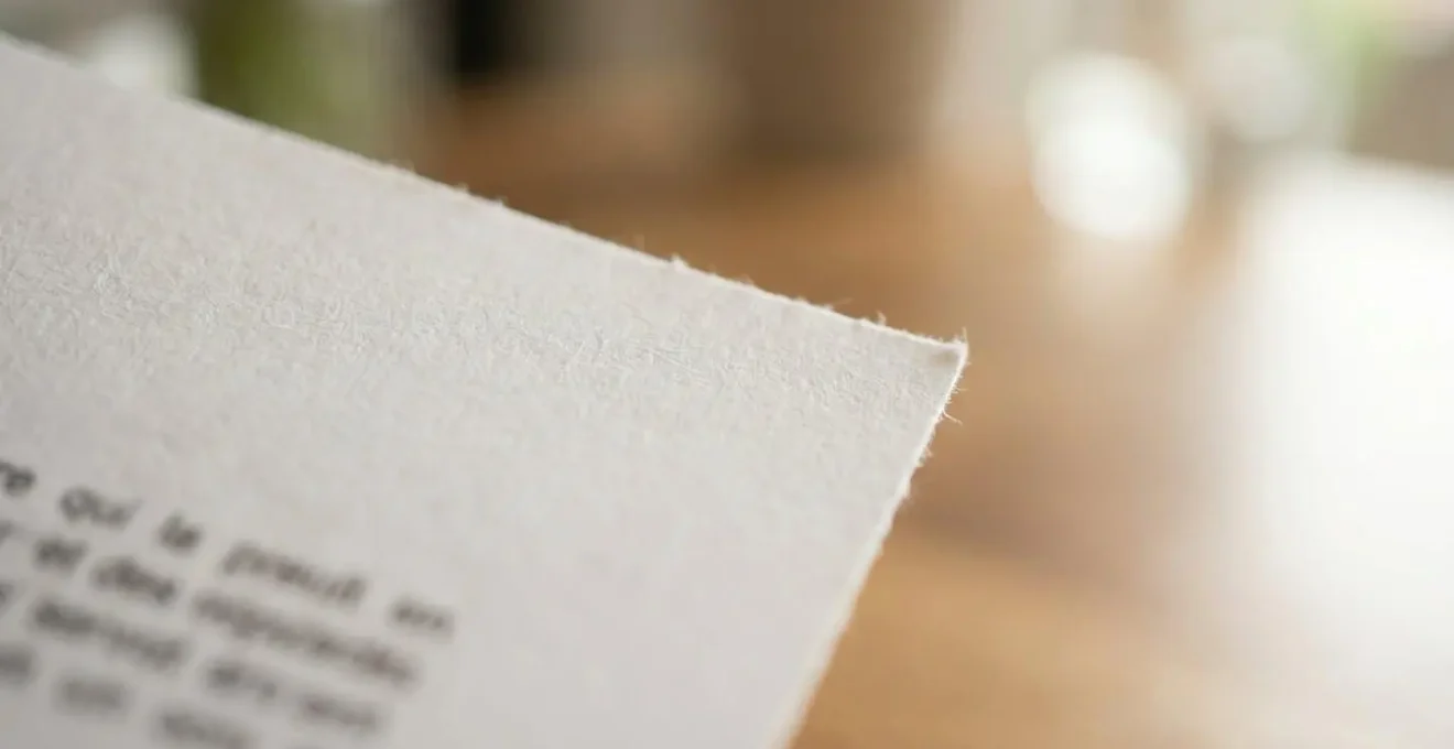 Gros plan macro sur un coin de document administratif avec tampon postal flou, éclairage naturel latéral, texture papier visible