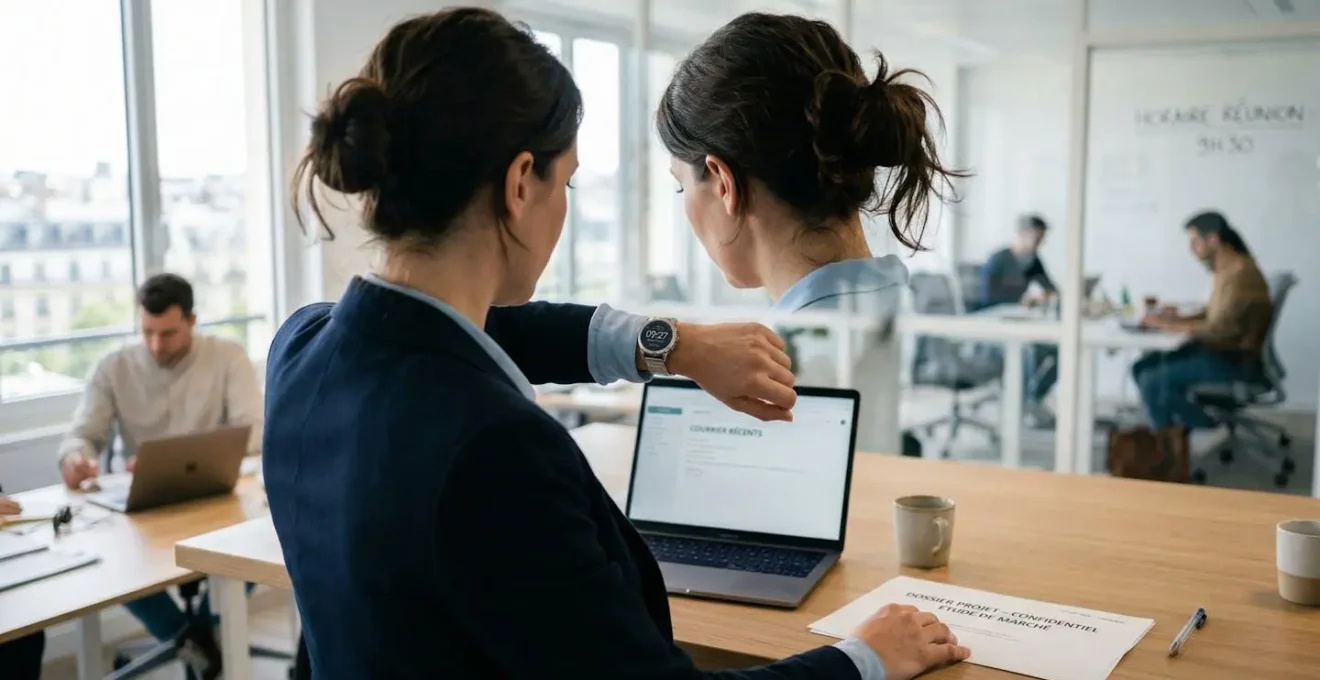 Vue de dos d'une personne en tenue professionnelle consultant sa montre-bracelet, cadrage serré sur l'avant-bras et la main