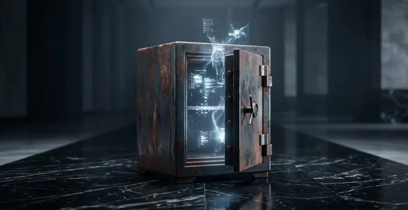 Coffre-fort ancien en acier ouvert révélant un flux de lumière holographique bleu-blanc symbolisant des données numériques sécurisées