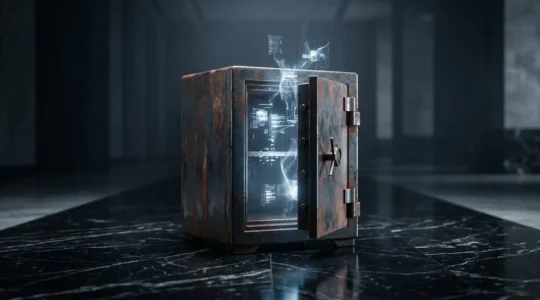 Coffre-fort ancien en acier ouvert révélant un flux de lumière holographique bleu-blanc symbolisant des données numériques sécurisées