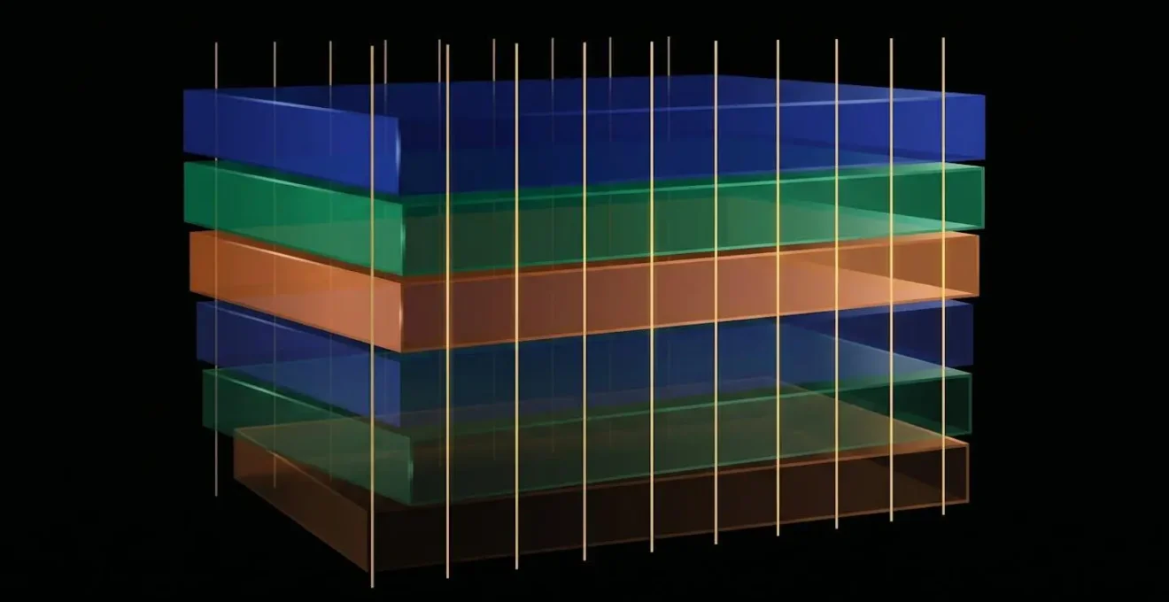 Composition abstraite de rectangles colorés semi-transparents empilés verticalement avec lignes dorées verticales symbolisant la gestion temporelle des archives