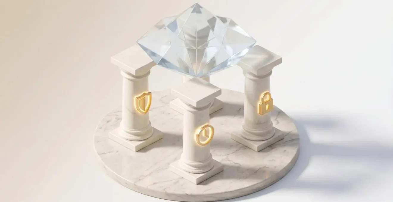 Illustration isométrique de trois colonnes architecturales blanches portant des symboles de bouclier, horloge et cadenas, soutenant une structure cristalline